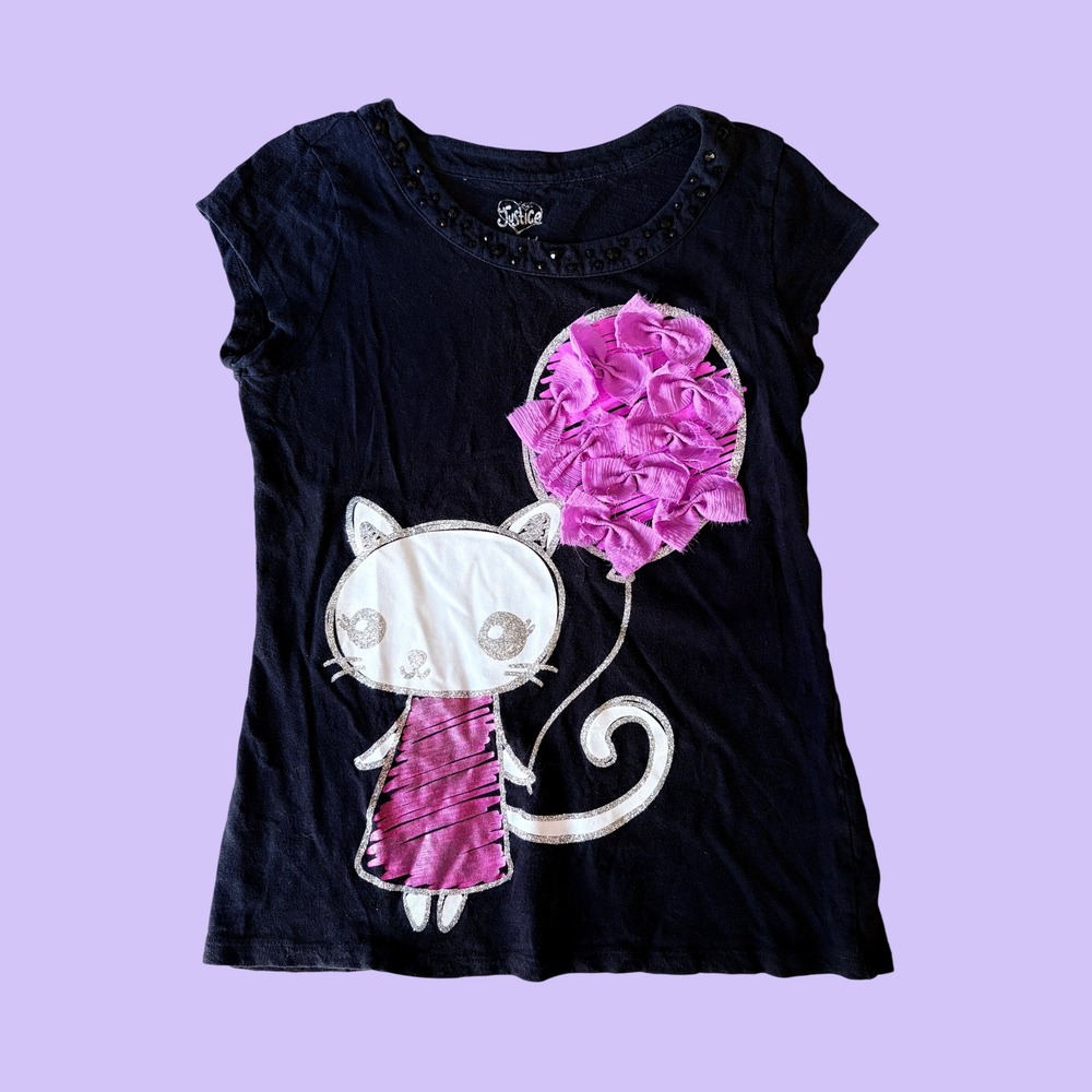 Y2K Justice Graphic Baby Tee Cat Pink Ruffle Balloon Beaded Neck Scene #18